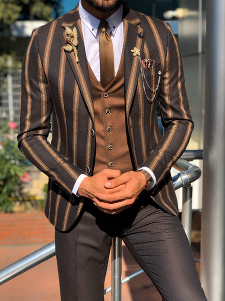 Lazi Slim-Fit Striped Suit Vest Brown | BOJONI