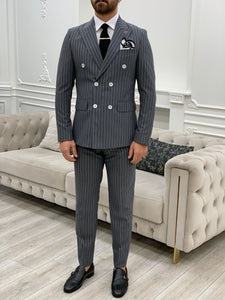 Bojoni Double Breasted Dark Gray Slim Fit Suit