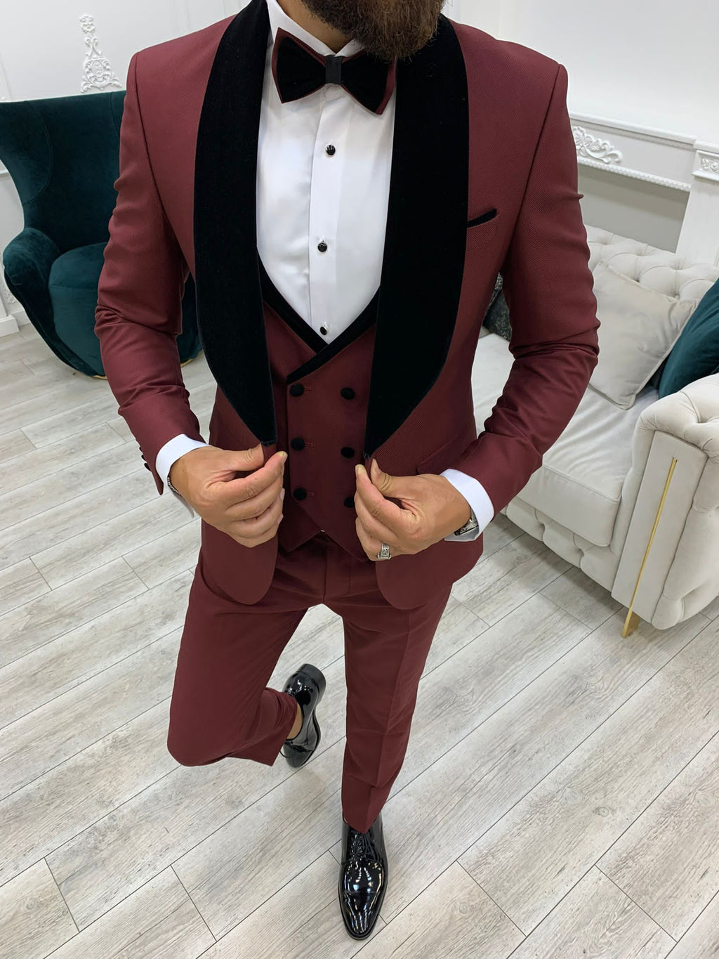 Fettachi Burgundy Slim Fit  Velvet Shawl Lapel Tuxedo-baagr.myshopify.com-1-BOJONI