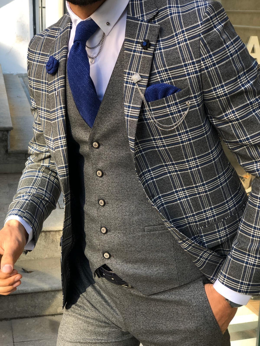 Macr Slim-Fit Plaid Suit Vest Sax | BOJONI