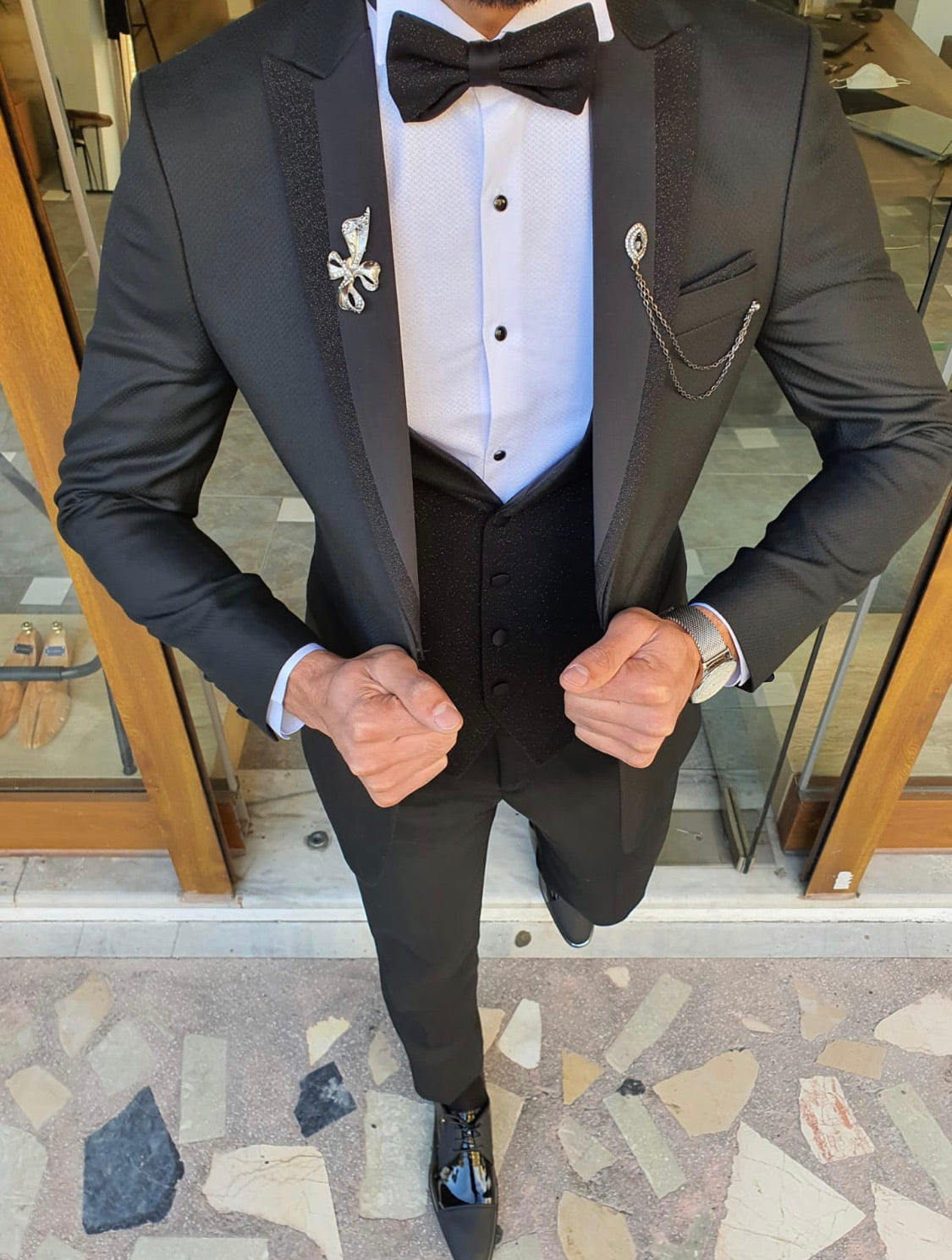 Caparini Black Slim Fit Peak Lapel Tuxedo | BOJONI