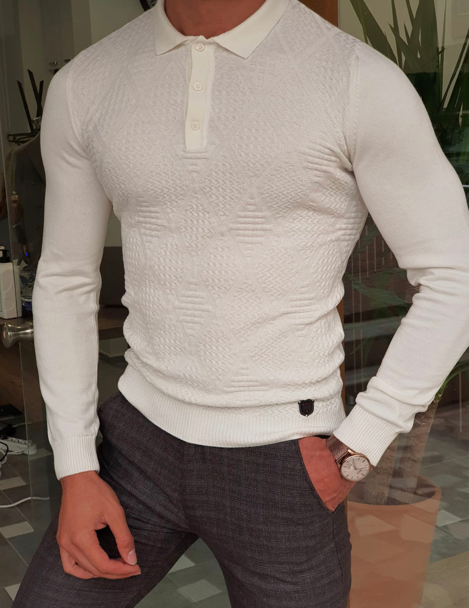Bloom White Slim Fit Collar Sweater | BOJONI