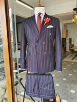 Load image into Gallery viewer, Boston Navy Blue Slim Fit Double Breasted Pinstripe Suit-baagr.myshopify.com-suit-BOJONI
