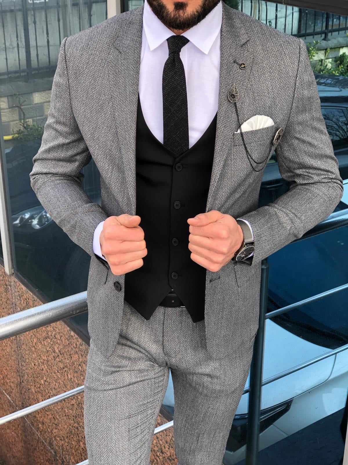 Slim-Fit Patterned Suit Vest Black-baagr.myshopify.com-suit-BOJONI