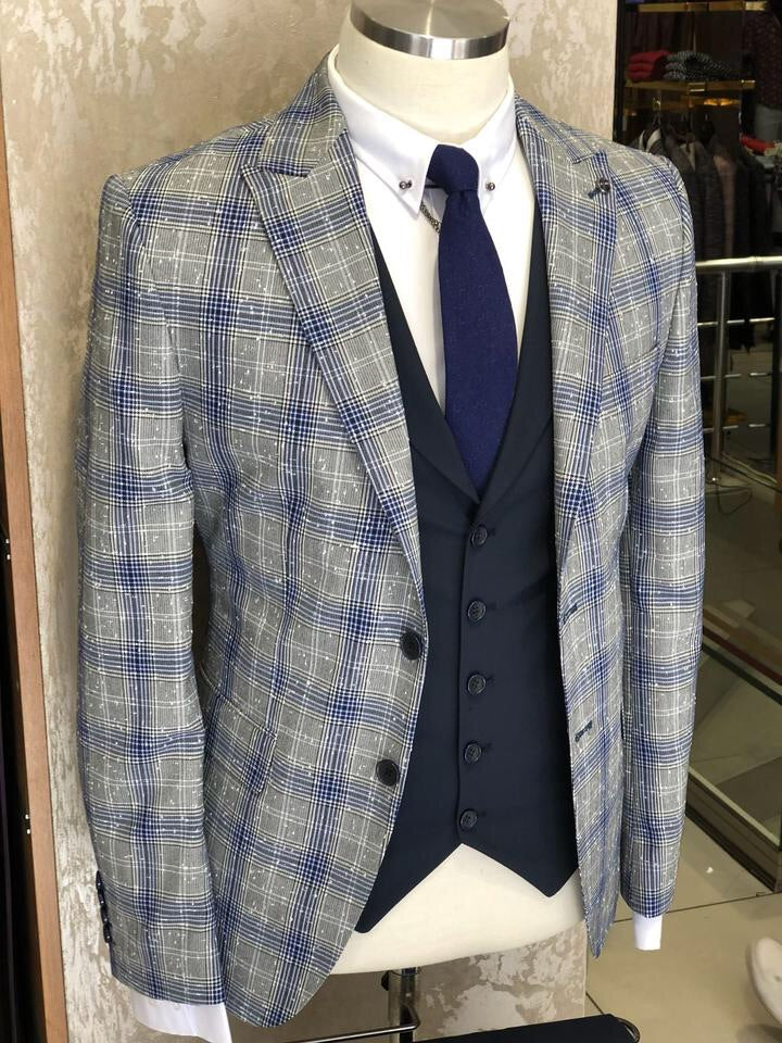 Slim-Fit Plaid Suit Vest Navy Blue | BOJONI