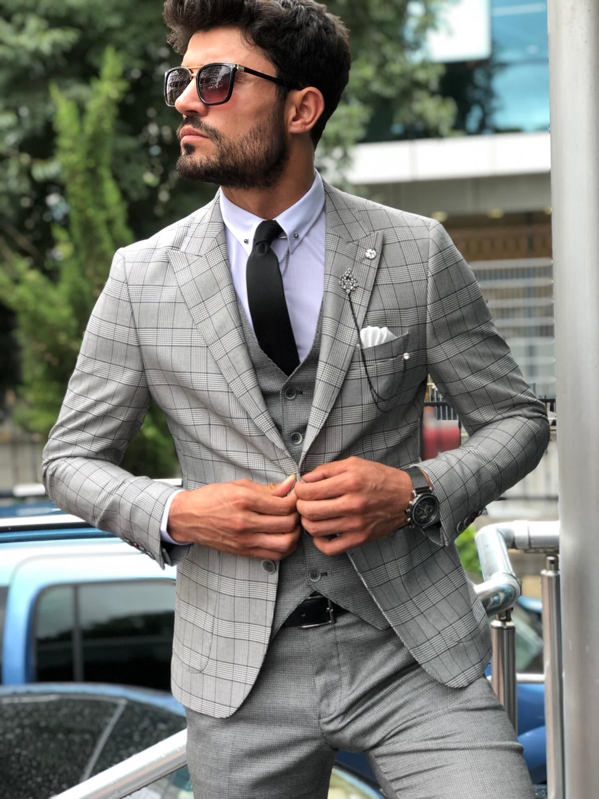 Greh Slim-Fit Plaid Suit Vest Gray-baagr.myshopify.com-suit-BOJONI