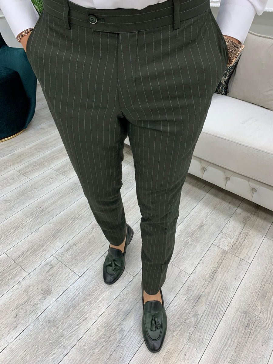 Furino Khaki Slim Fit Double Breasted Pinstripe Suit | BOJONI