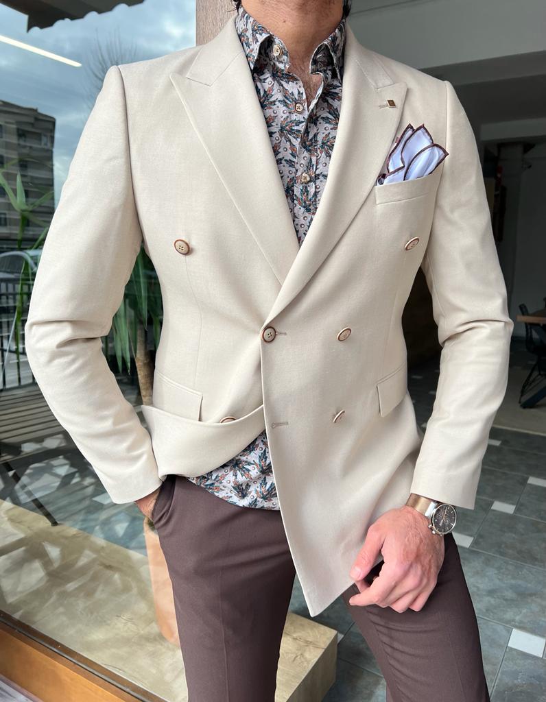 Beige double shop breasted blazer mens