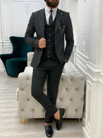 Load image into Gallery viewer, Lambrusco Black  Slim Fit Peak Lapel Striped Suit-baagr.myshopify.com-1-BOJONI
