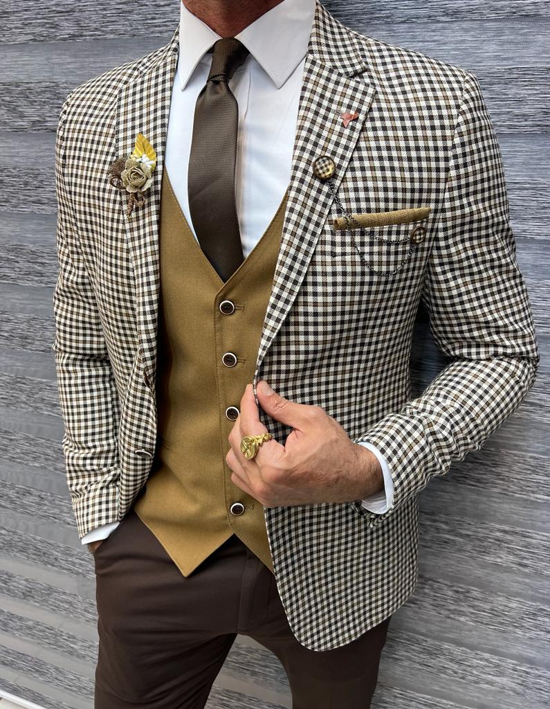 Bojoni Shagori Slim Fit Plaid Brown  Suit