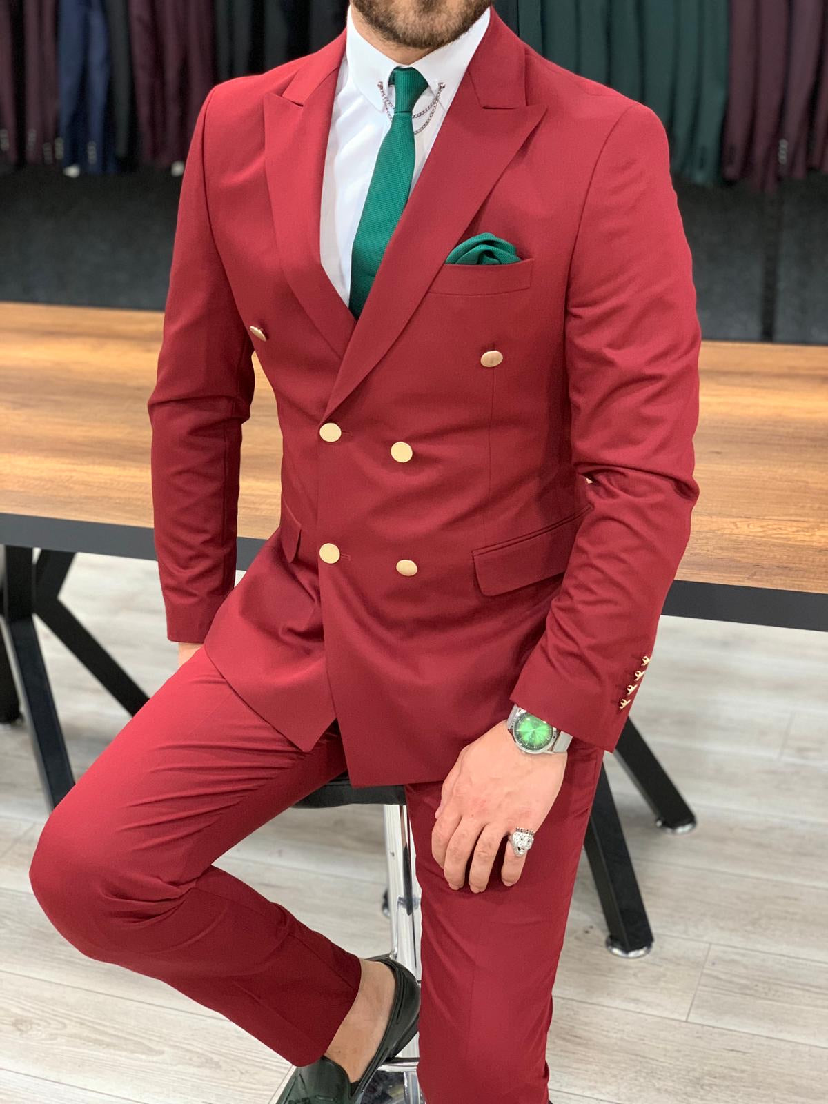 Crystal Double Breasted Claret Red Suit Crystal Double Breasted Claret Red Suit