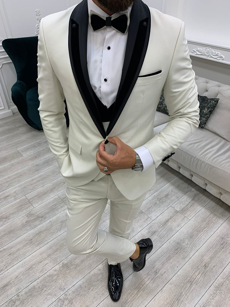 Fettachi White Slim Fit Velvet Peak Lapel Tuxedo | BOJONI