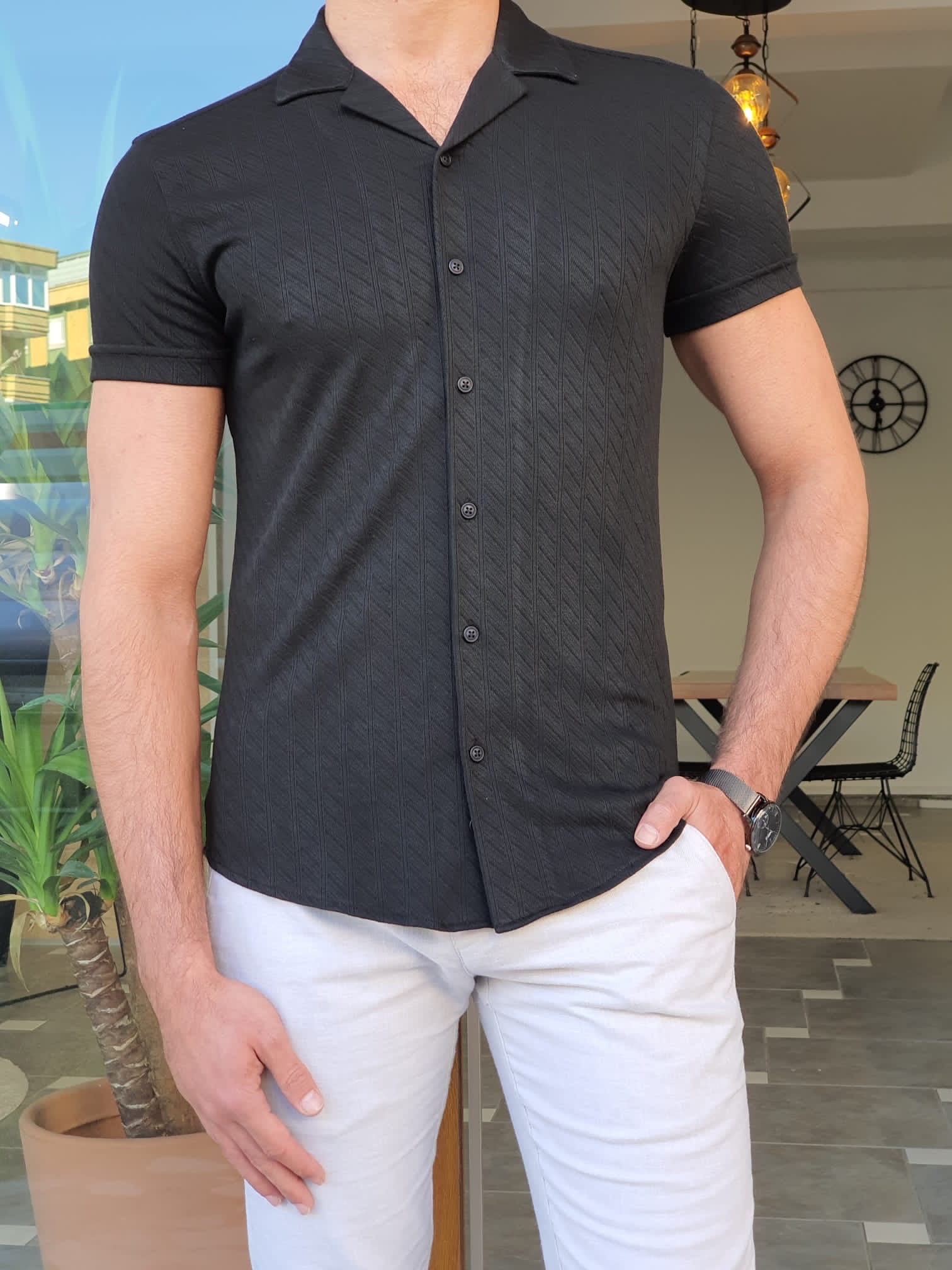 Mantova Black Slim Fit Short Sleeve Shirt | BOJONI Mantova Black Slim Fit Short Sleeve Shirt | BOJONI