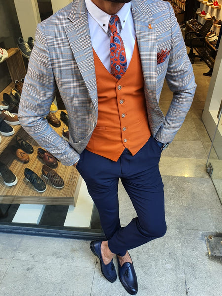 Abeston Orange Slim Fit Plaid Check Suit | BOJONI
