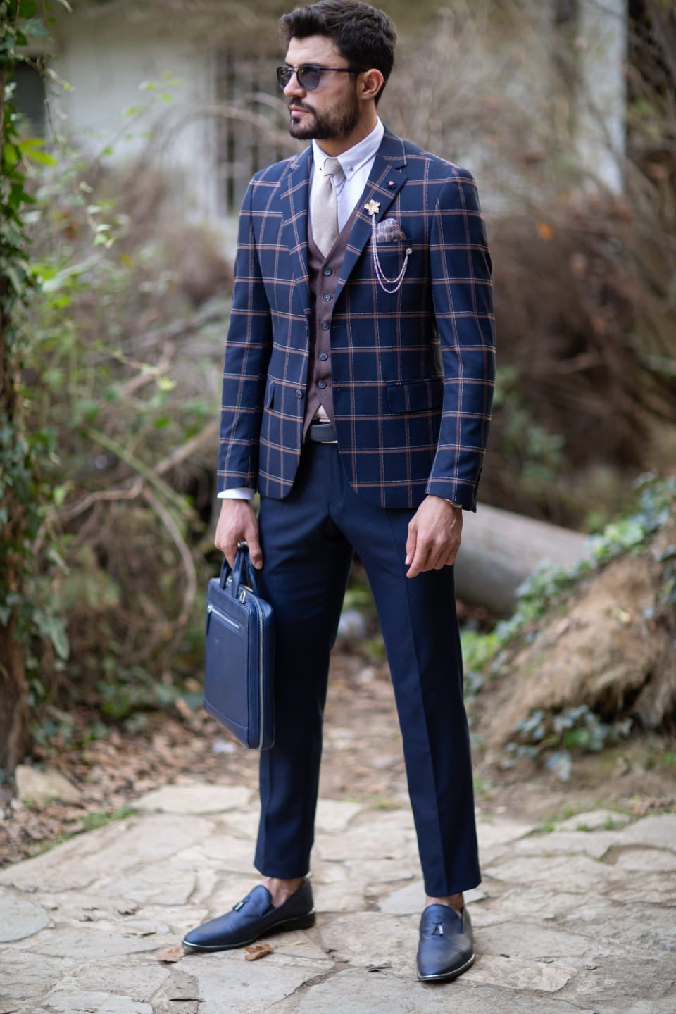 Konda Slim-Fit Plaid Suit Vest Navy Blue-baagr.myshopify.com-suit-BOJONI