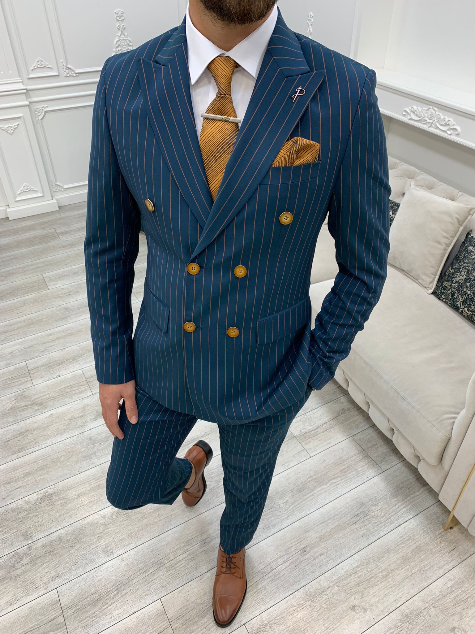 Bojoni Double Breasted Blue Slim Fit Suit