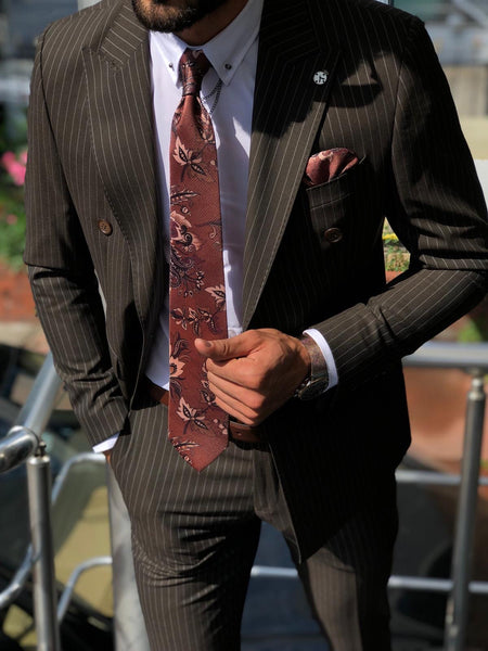 Mustard Slim-Fit Striped Double Breasted Suit Vest Brown | BOJONI