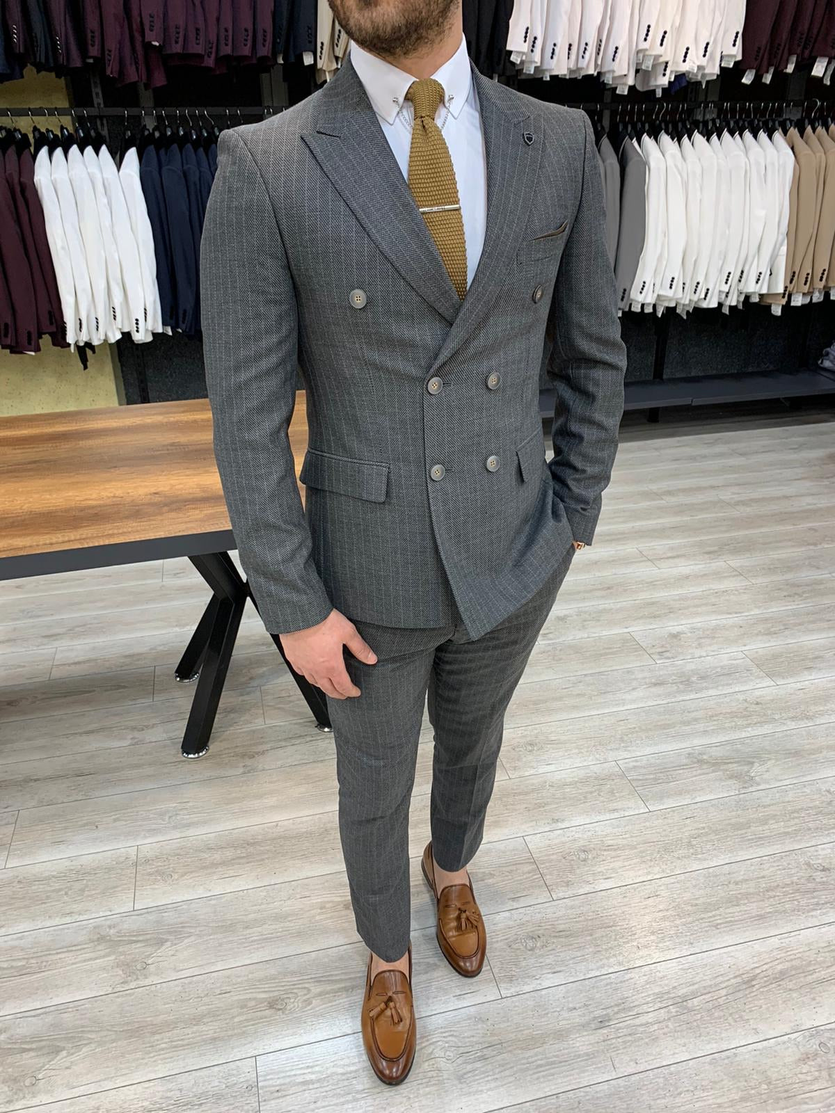 Zapali Gray Double Breasted Slim Fit Suit | BOJONI