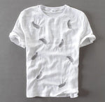 Load image into Gallery viewer, Embroidered Feather Linen T-Shirt (2 colors)-baagr.myshopify.com-T-shirt-BOJONI
