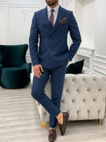 Load image into Gallery viewer, Furino Navy Blue Slim Fit Double Breasted Pinstripe Suit-baagr.myshopify.com-1-BOJONI
