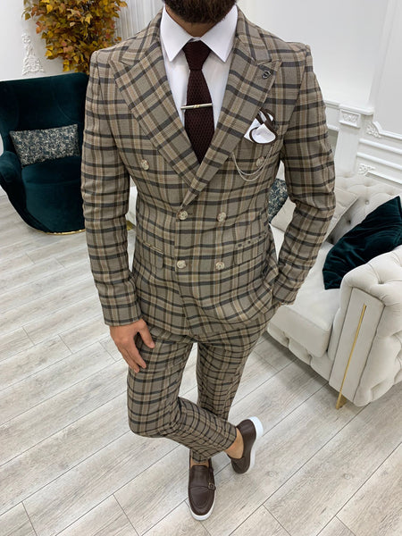 Vince Brown Slim Fit Double Breasted Plaid Suit | BOJONI