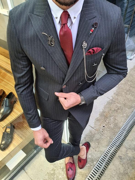 Olympia Black Slim Fit Double Breasted Pinstripe Suit | BOJONI