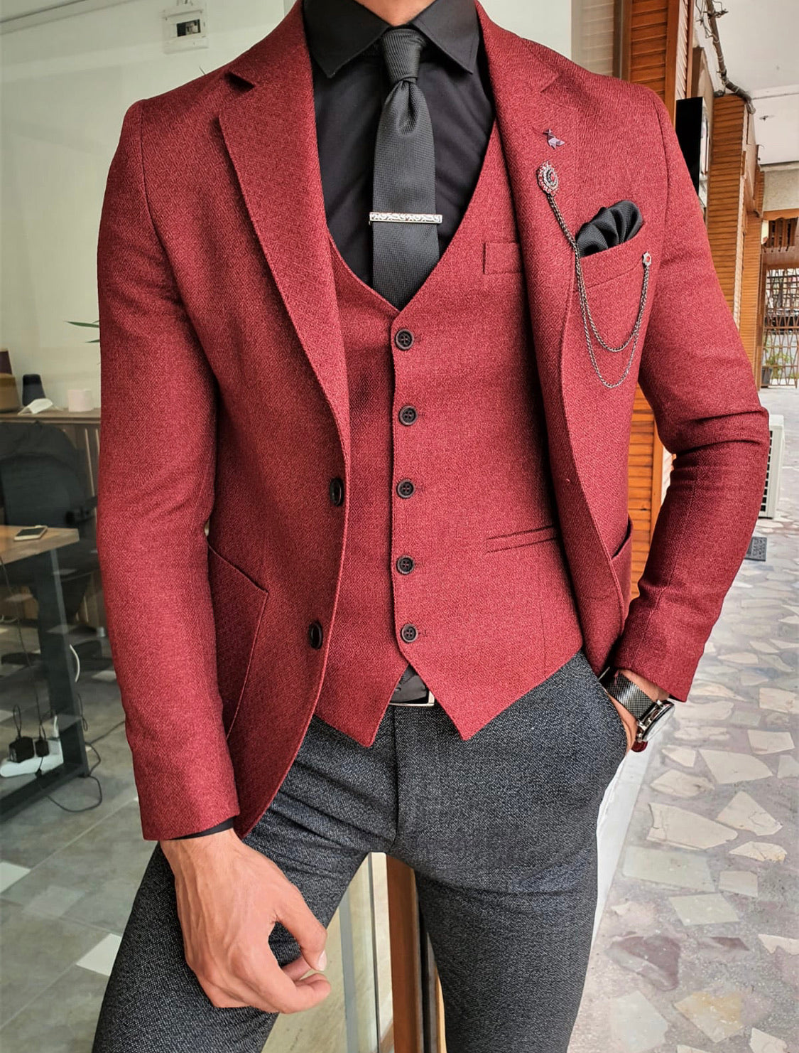Daroni Claret Red Slim Fit Suit | BOJONI