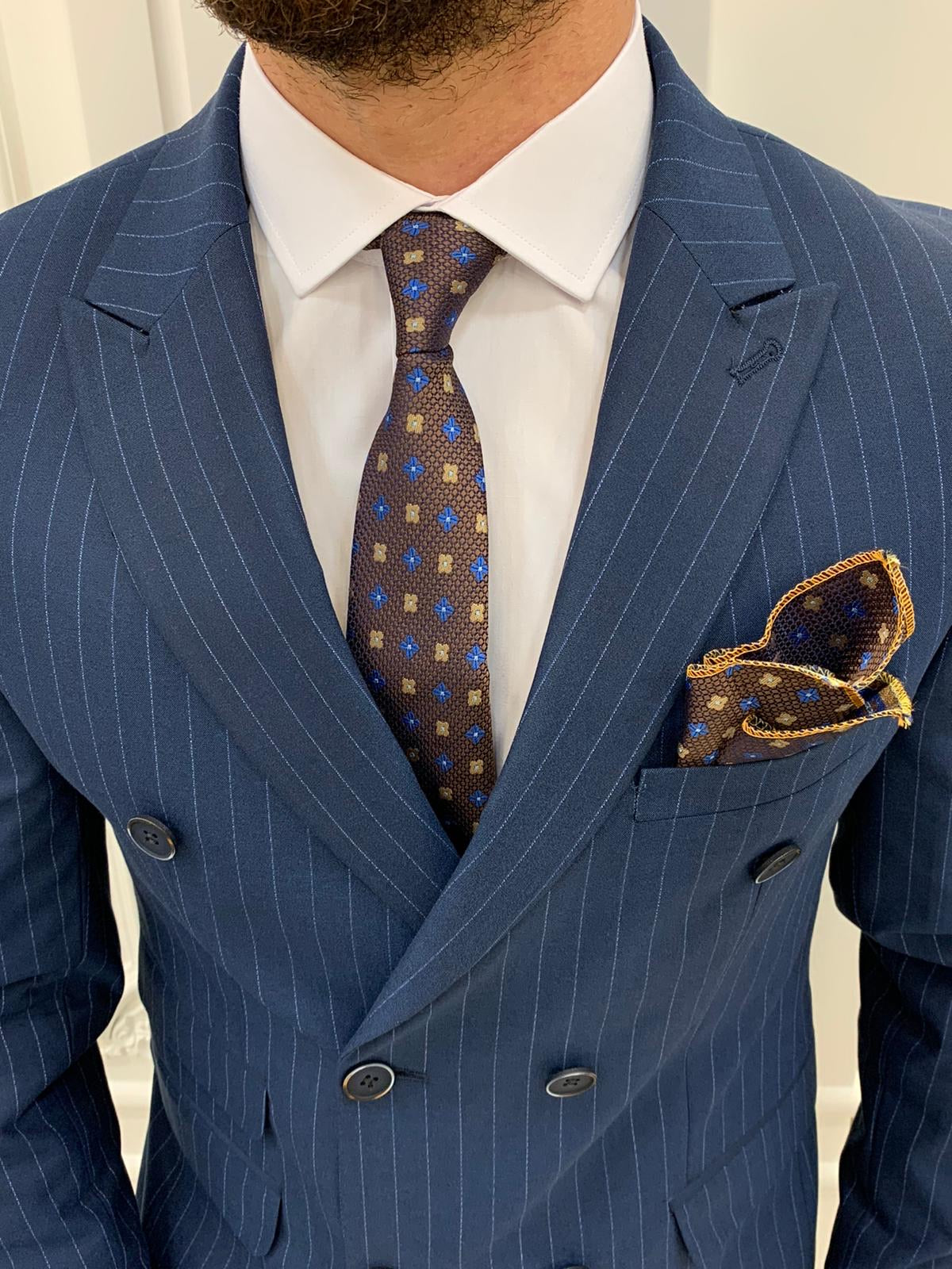 Furino Navy Blue Slim Fit Double Breasted Pinstripe Suit-baagr.myshopify.com-1-BOJONI