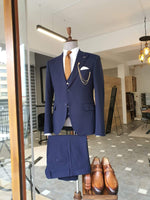 Load image into Gallery viewer, Boston Navy Blue Slim Fit Cotton Suit-baagr.myshopify.com-suit-BOJONI
