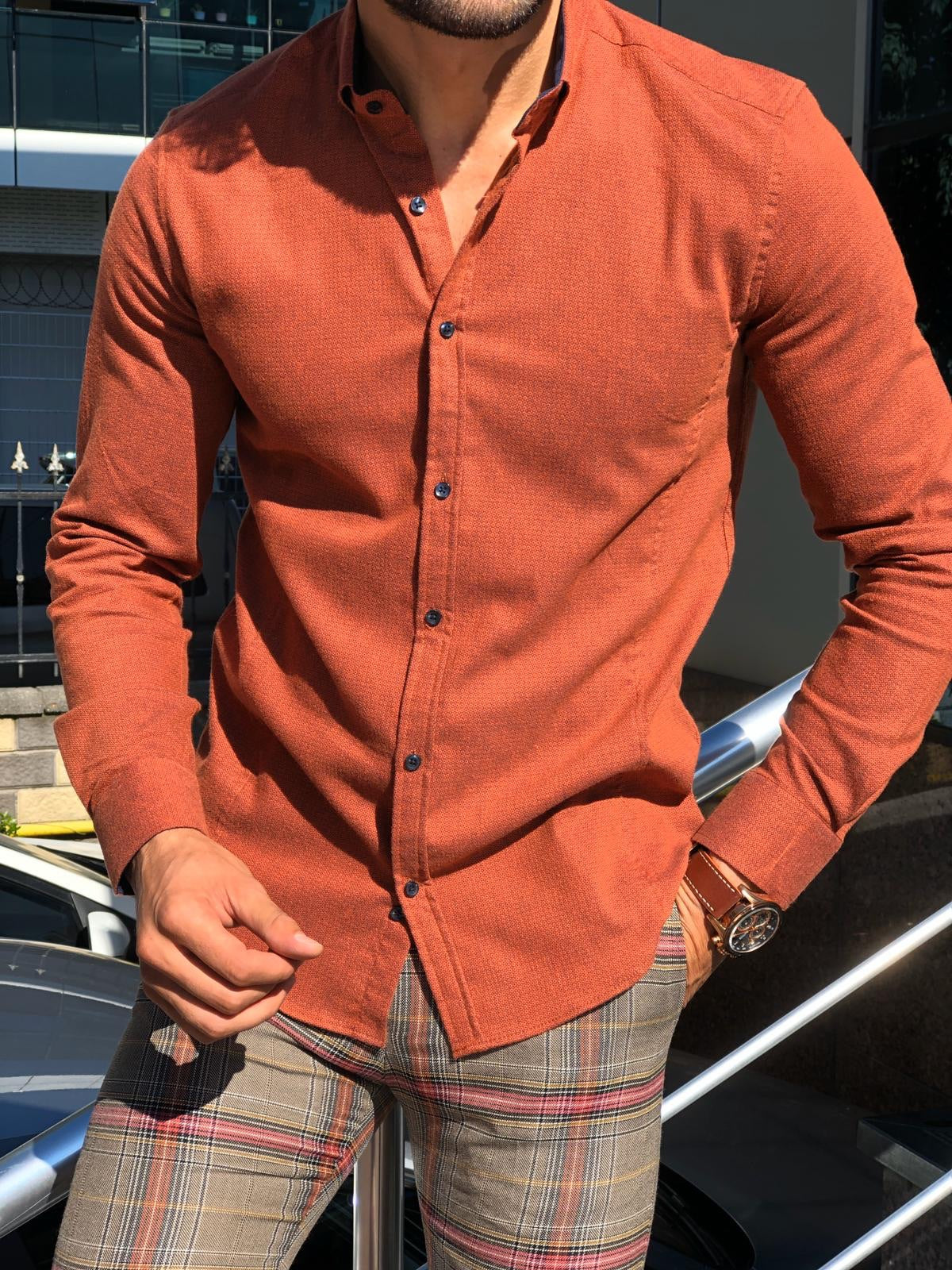 Oro Slim-Fit Patterned Shirt Orange-baagr.myshopify.com-Shirt-BOJONI