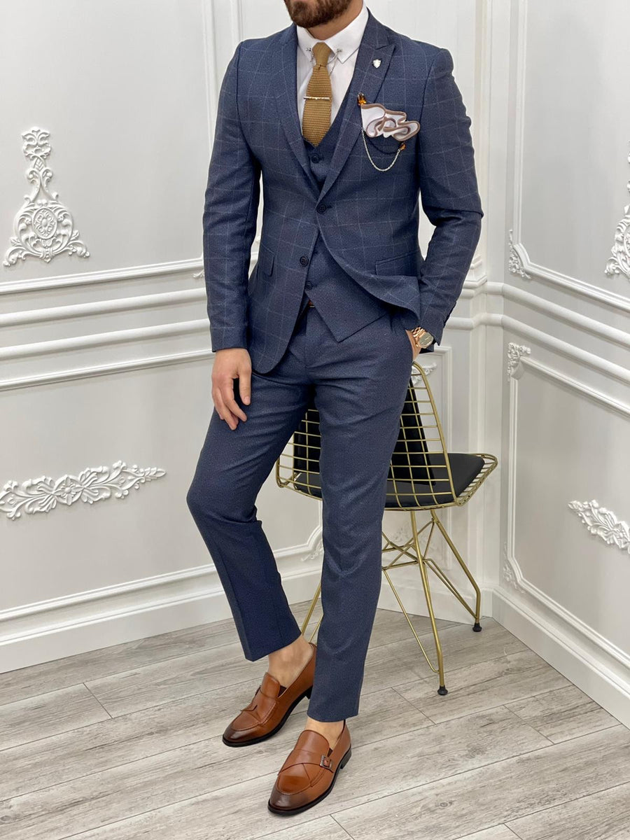 Casatani Navy Blue Slim Fit Plaid Suit | BOJONI