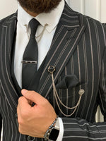 Load image into Gallery viewer, Lambrusco Black  Slim Fit Peak Lapel Striped Suit-baagr.myshopify.com-1-BOJONI
