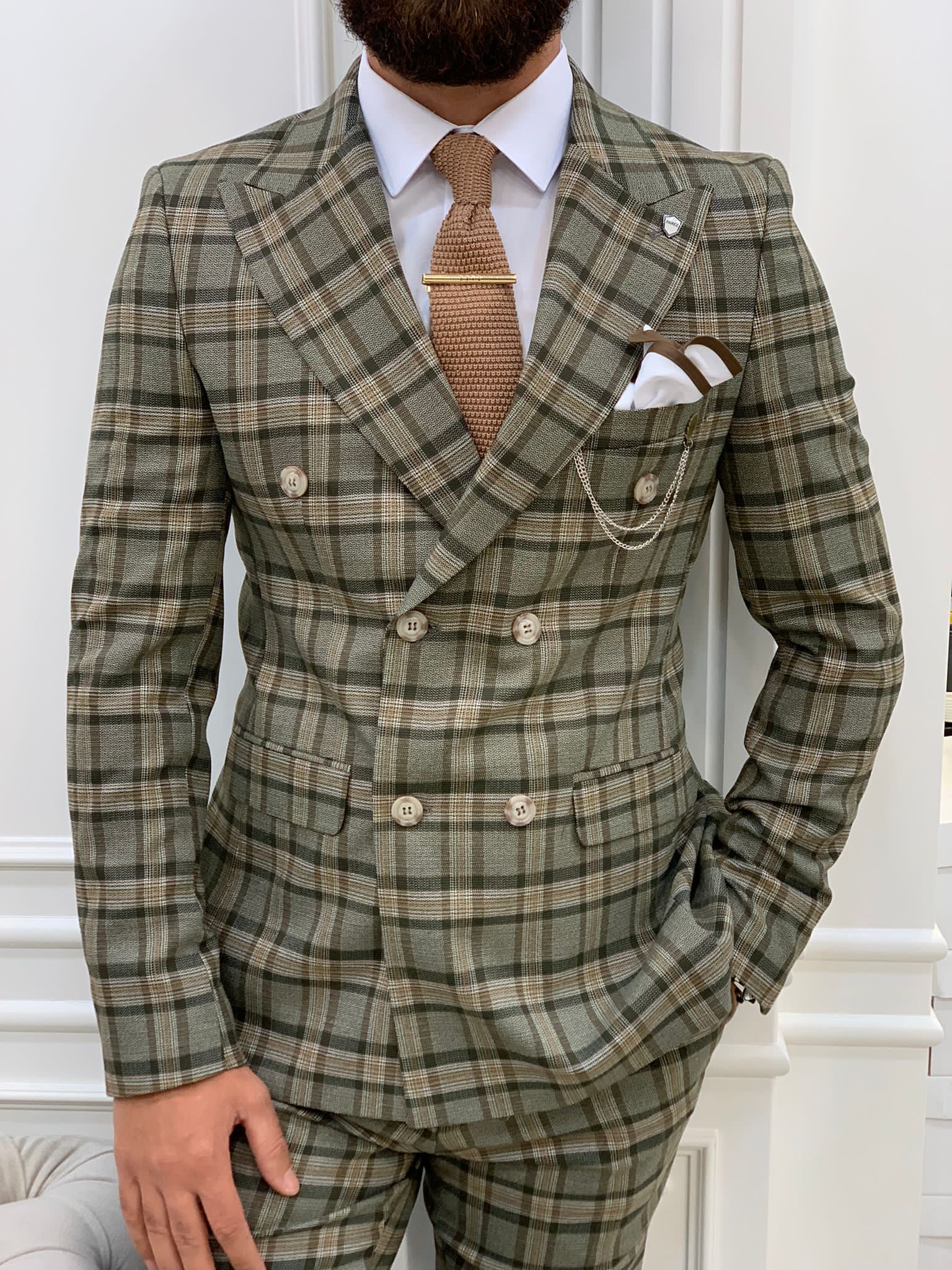 Vince Khaki Slim Fit Double Breasted Plaid Suit-baagr.myshopify.com-1-BOJONI