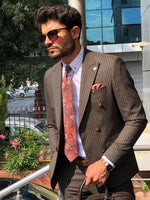 Load image into Gallery viewer, Mustard Slim-Fit Striped Double Breasted  Suit Vest Brown-baagr.myshopify.com-suit-BOJONI
