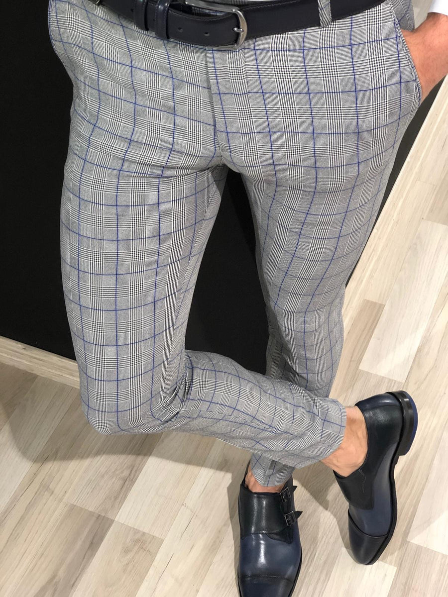 Ferra Slim Fit Plaid Pants in Blue | BOJONI