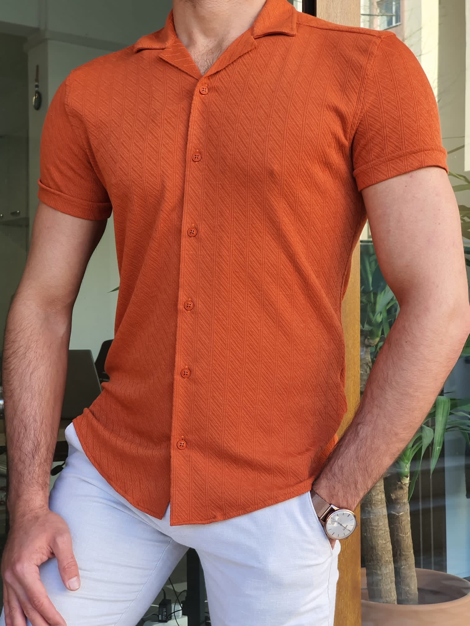 Mantova Dark Orange Slim Fit Short Sleeve Shirt | BOJONI Mantova Dark Orange Slim Fit Short Sleeve Shirt | BOJONI