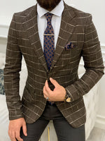 Load image into Gallery viewer, Serra Brown Slim Fit Plaid Suit-baagr.myshopify.com-1-BOJONI
