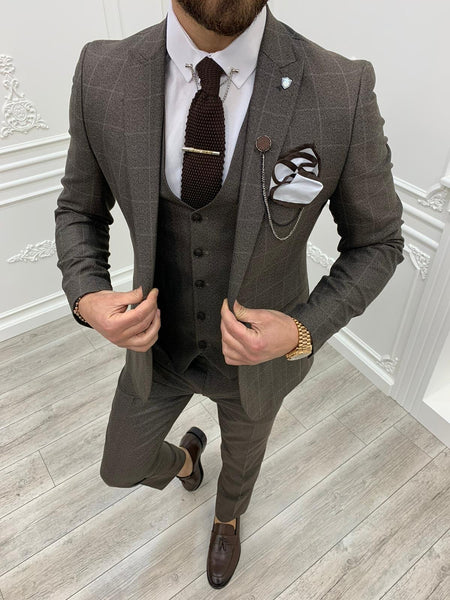 Casatani Coffee Slim Fit Plaid Suit | BOJONI