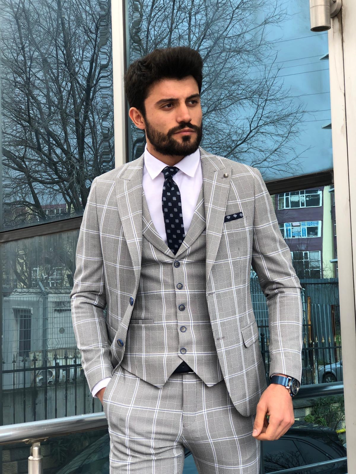 Slim-Fit Plaid  Suit Vest Gray-baagr.myshopify.com-suit-BOJONI