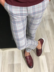Slim Fit Plaid Pants in Claret Red-baagr.myshopify.com-Pants-BOJONI