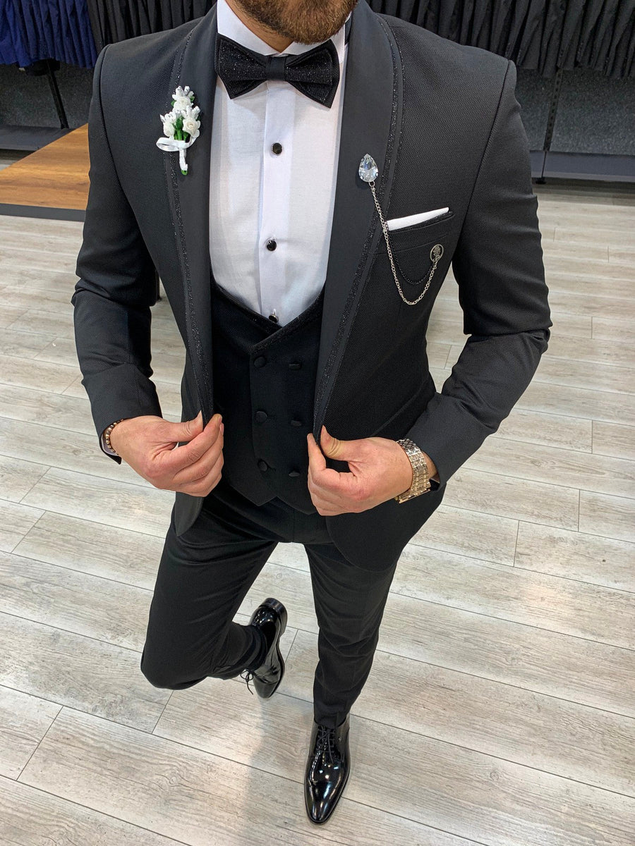 Rialzetti Black Shawl Collar Slim Fit Tuxedo | BOJONI