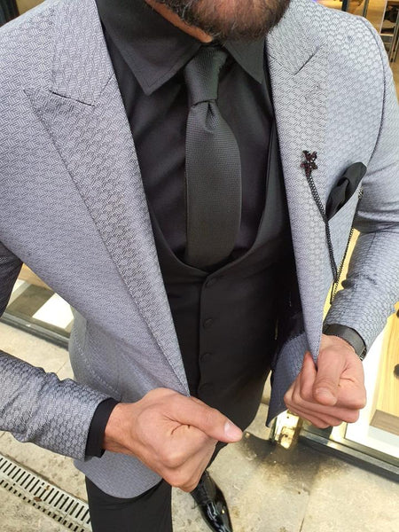 Novak Gray Slim Fit Patterned Suit | BOJONI