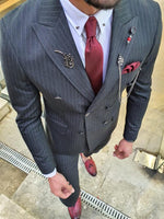Load image into Gallery viewer, Olympia Black Slim Fit Double Breasted Pinstripe Suit-baagr.myshopify.com-suit-BOJONI
