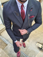 Load image into Gallery viewer, Olympia Black Slim Fit Double Breasted Pinstripe Suit-baagr.myshopify.com-suit-BOJONI
