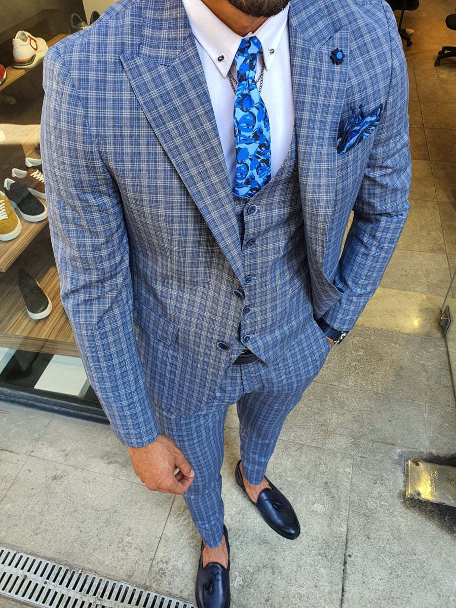 Abeston Navy Blue Slim Fit Plaid Check Suit | BOJONI