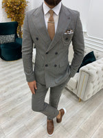 Load image into Gallery viewer, Rosario Light Gray Slim Fit Double Breasted Plaid Suit-baagr.myshopify.com-1-BOJONI
