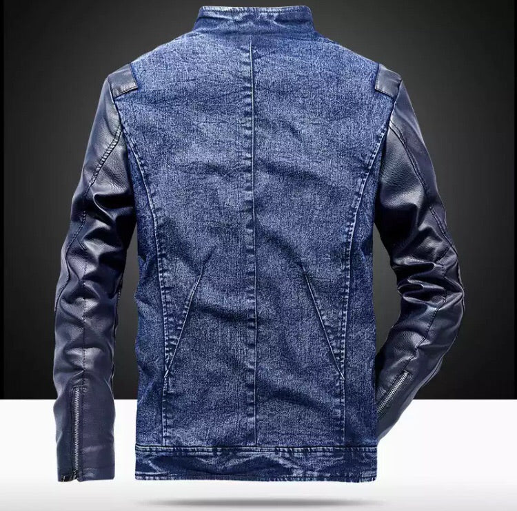 Blue jean jacket with leather clearance sleeves