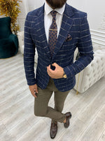 Load image into Gallery viewer, Serra Navy Blue Slim Fit Plaid Suit-baagr.myshopify.com-1-BOJONI
