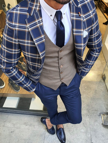 Bellingham Indigo Slim Fit Plaid Check Suit | BOJONI