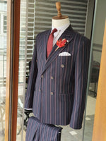 Load image into Gallery viewer, Boston Navy Blue Slim Fit Double Breasted Pinstripe Suit-baagr.myshopify.com-suit-BOJONI
